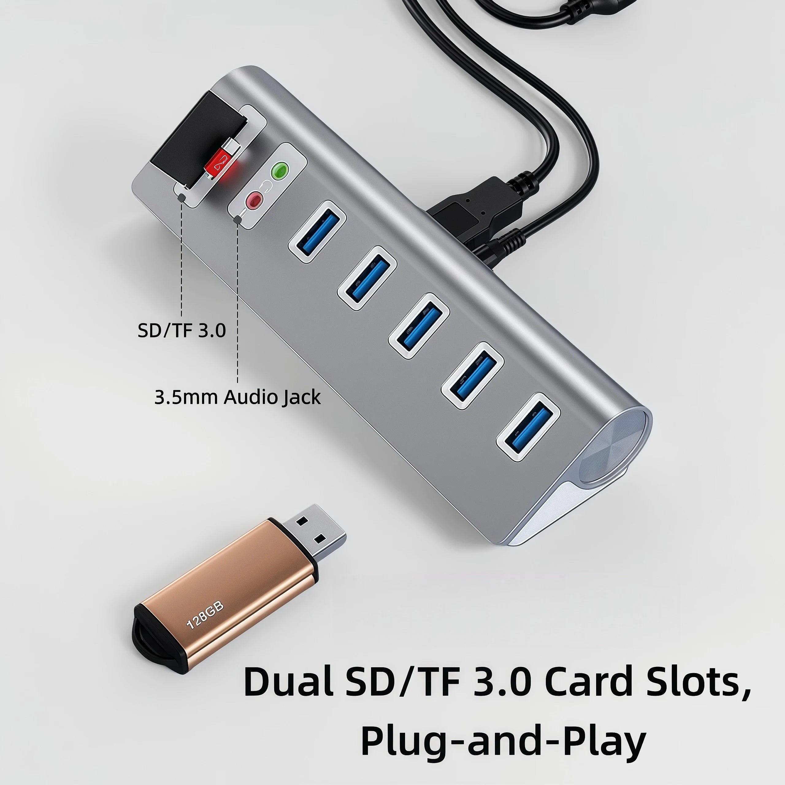 USB Hub 3.0 High Speed Multiport with Power Supply TF SD Card Reader Audio Jack USB Multiple Port Splitter Adapter Extension