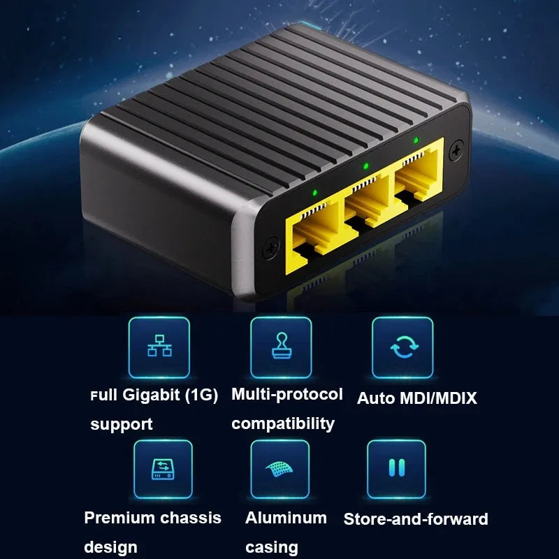 4 Ports Network Switch 1000Mbps RJ45 LAN Hub Adapter Gigabit Switch 1-in 3-out Ethernet Splitter for PC TV Box Router Sharer